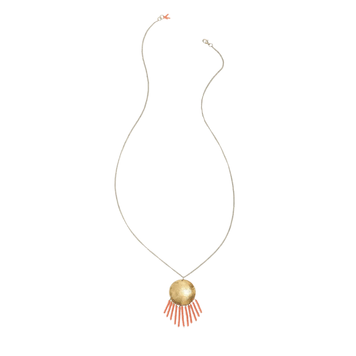 Chaya Hammered Coin Beaded Fringe Drop Necklace - Gold, Coral 5 Chaya Hammered Coin Beaded Fringe Drop Necklace - Gold, Coral - Image 3