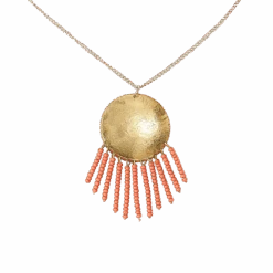 Chaya Hammered Coin Beaded Fringe Drop Necklace - Gold, Coral