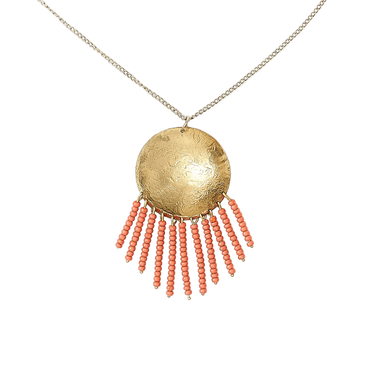 Chaya Hammered Coin Beaded Fringe Drop Necklace - Gold, Coral 3 Chaya Hammered Coin Beaded Fringe Drop Necklace - Gold, Coral