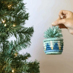 Blue Patterned Pom Pom Basket Holiday Ornament