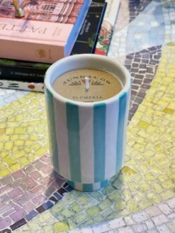 Jungalow Kaya Ceramic Candle - Aqua Stripe/Plumeria -Jungalow PhotoJun222023 35700PM 798436a8 919a 4079 96fc 25d7aed7652d